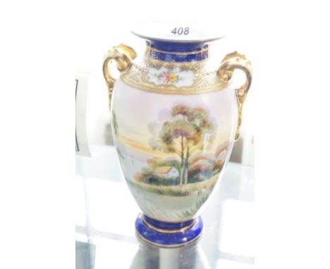 A Noritake pottery twin handled vase with decorations of a house in a river landscape.