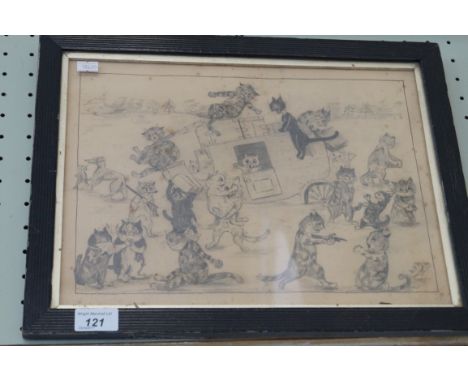 After Louis Wain (British, 1860-1939) - 'Cats robbing a stage coach', pencil drawing, bears initials and date 'M. F. M. June 
