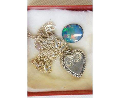 A silver fancy-link chain, together with, a heart locket and chain and an opal doublet (3)