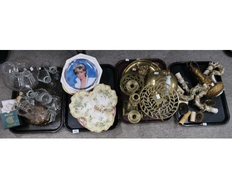 A brass candelabra, a horse trivet, a brass kettle, assorted ceramics and glassware and a ceiling light Condition Report: Not