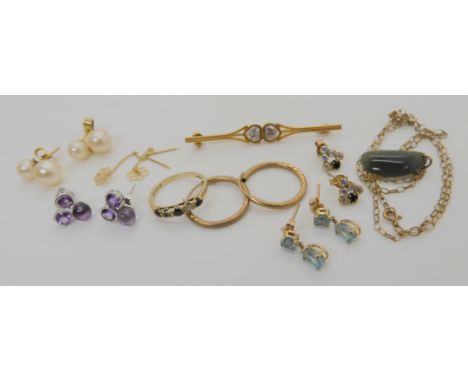 A collection of 9ct and yellow metal earrings to include amethyst, aquamarine and pearl, a New Zealand jade pendant on 9ct ch