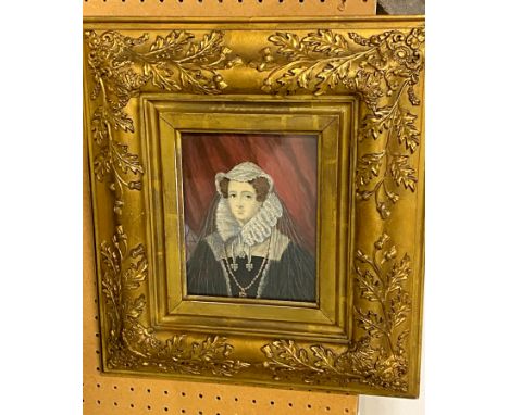BRITISH SCHOOL Mary Queen of Scots, watercolour, 27 x 13cm in decorative frame, portrait of a lady and Lady and suitor, water
