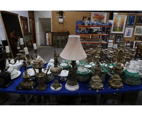 A gilt metal candelabra, two lamp bases, a figural table lamp and a pair of gilt resin candelabra Condition Report: Available