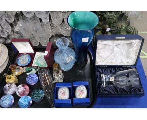 A collection of Caithness glass including a tall blue vase, paperweights and other items Provenance: The Late Dr Helen. E. C.