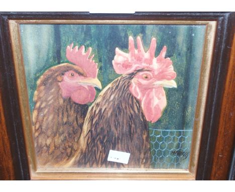 MAUREEN M BRIGGS Cockerel and hen by the farm, signed watercolour, 18 x 18cm and BRITISH SCHOOL Portrait of a cavalier, oil o