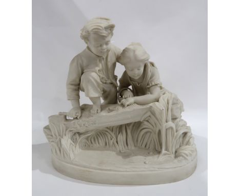 J. Morris for Copeland Parian group of a boy and girl, incised date for 1876, 26cm long Condition Report: firing cracks and d