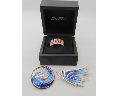 A Collection of three Sheila fleet items to include a silver and enamel brooch from the Cascade collection, a red enamelled g