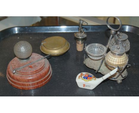An EPNS cruet set modelled as crossed golf clubs with mesh-pattern feet, early blue and white tile with golfer etc Condition 