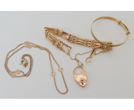 A 9ct baby's bangle, a gate bracelet and a 9ct gold flower design chain, weight together 19.2gms Condition Report: Available 