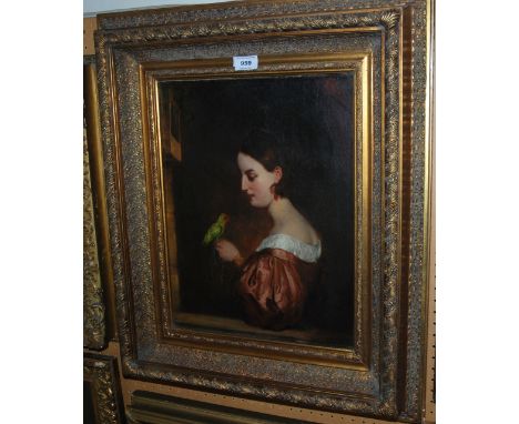 CONTINENTAL SCHOOL Portrait of a lady with bird, oil on board, 44 x 34cm Condition Report: Not available for this lot