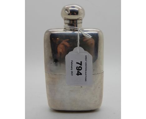 A silver spirit flask, rubbed London marks, 14cm x 7.8cm, 236gms Provenance: The Late Dr Helen. E. C. Cargill Thompson Condit