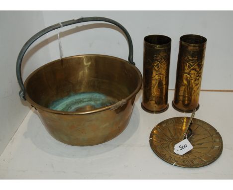 A brass jelly pan, pair of trench art vases, 22.5cm high, sundial, 20cm wide and small cane, 68cm long Condition Report: Avai