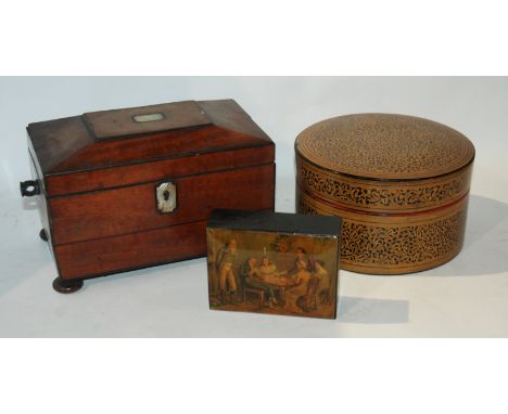 A two division tea caddy, 21cm wide circular papier mache box, 18cm wide, pictorial box etc (5) Provenance: The Late Dr Helen
