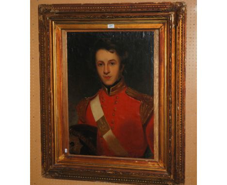 ENGLISH SCHOOL Portrait of an officer 50th Regiment in red tunic, oil on board, 75 x 52cm Condition Report: Not available for