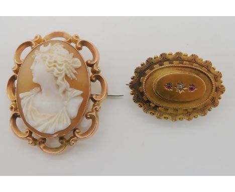 A 9ct mounted shell cameo brooch of Athena weight approx 9gms, and a 15ct gold ruby and diamond Victorian locket back hair mo