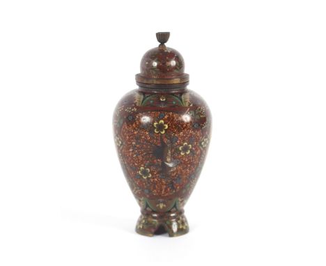 A Japanese cloisonne vase and cover, with gold coloured ground, bird, butterfly and floral decoration, 16cm high.&nbsp; Possi