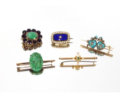 A 9 carat gold bar brooch, mounted with seed pearls and central pale green stone; a seed pearl and blue enamel decorated broo