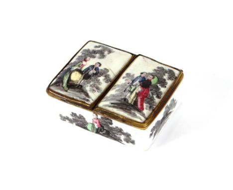 A late 18th Century Bilston or Battersea enamel double patchbox, painted to the interior and exterior with figures and Georgi