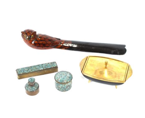 A brass and turquoise chip decorated toothpick box; a similar circular lidded box and perfume bottle; and a modern shoe horn,