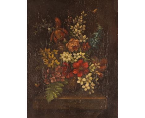 18th Century Dutch school, still life study of flowers on a ledge, unsigned oil on canvas, 46cm x 35cm, in a simulated walnut