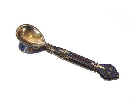 A Russian silver and enamel spoon, stamped to bowl, 14cm long