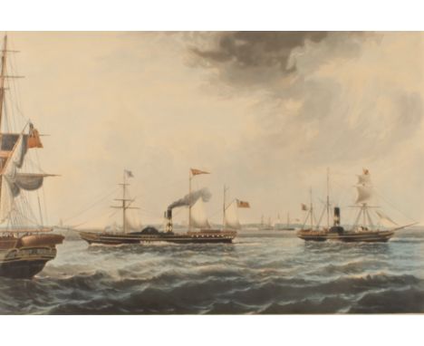 After J. Ward, coloured print depicting "Vivid and Waterwitch off Orford Ness in a breeze", contained in a maple frame