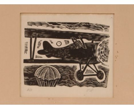 John O'Connor, A.R.C.A., woodcut study of a vintage air plane and parachute