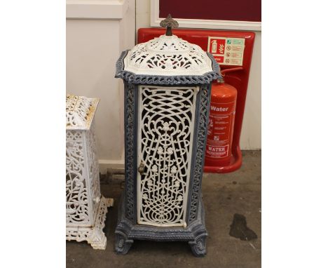 A Victorian cast iron and enamel heater,&nbsp;having foliate pierced decoration raised on scroll feet, 100cm high&nbsp;