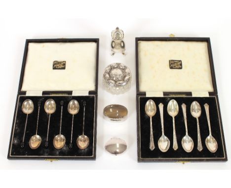 A cased set of six silver tea spoons;&nbsp;a cased set of six silver bean end coffee spoons; a silver pepperette; two small s