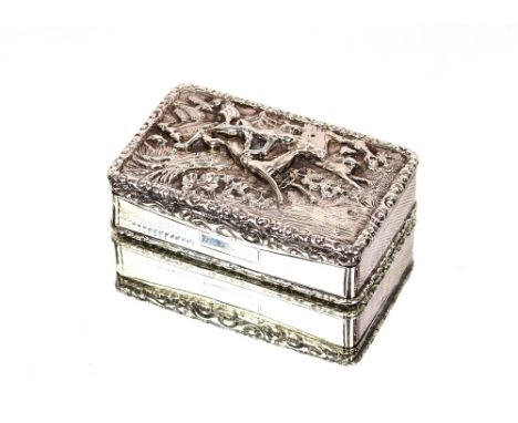 A William IV silver snuff box, the lid cast with scenes of horses and dogs, engine turned decoration and vacant cartouche bel