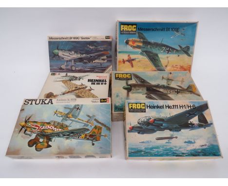 Selection of Unmade Plastic Kits of German Aircraft Comprising: Revell 1:72 scale Heinkel . ... 1:32 BF109. ... 1:32 Stuka. .