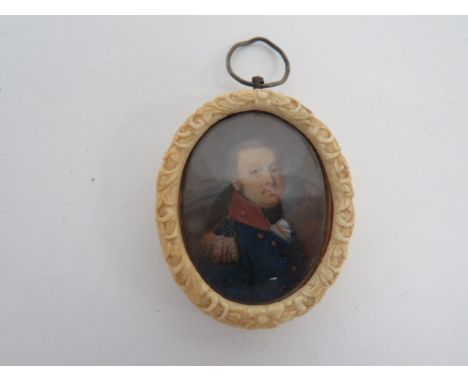 Georgian Miniature Portrait of a Military Officer. Circa 1790This head and shoulder portrait depicts an Officer wearing blue 