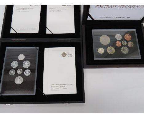 Two Boxed Sets of Coinsincluding  Queen’s new portrait set, complete in fitted wooden case ... 2008 UK Emblems of Britain sil