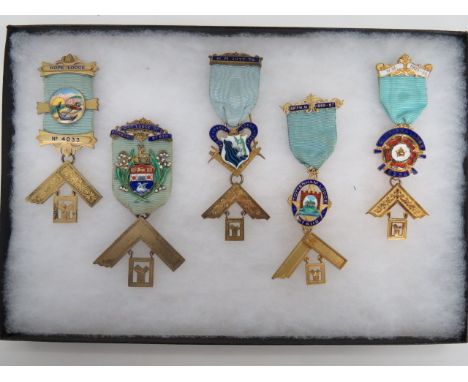 Five Masonic Silver & Gilt Jewels / Medals.Each mounted with a Square. Representing: Lodge 5112 (Tottenham Lodge) Small chip 