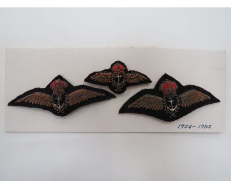 Fleet Air Arm WW2 Pattern Bullion Pilot Wings.A selection of three examples. Comprising: 2x Pilot Full Size. ... Similar for 