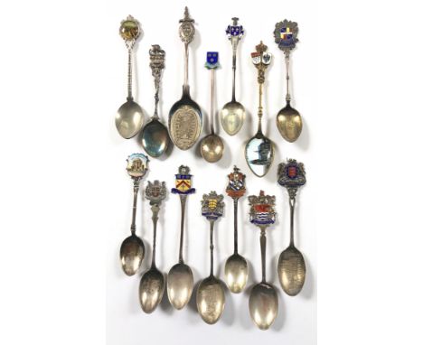 Selection of Silver Teaspoons.A selection of  silver hallmarked teaspoons with enamel decoration depicting town crests of Gre