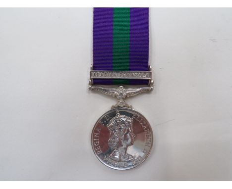 RAF General Service Medal Clasp “Arabian Peninsula”awarded to “4168063 CPL R DENNEY RAF”. RAF style naming.