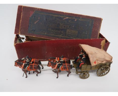 Britains Boxed Set Royal Army Medical Corps No 1451906 pattern consisting khaki carriage with linen cover.  Two seated driver