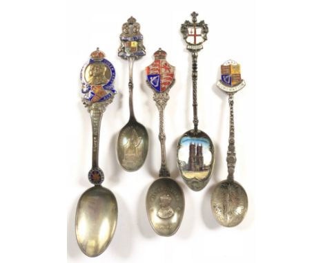 Selection of Royalty Silver Teaspoons.A selection of 5 silver hallmarked teaspoons with enamel decoration. Representing Coron