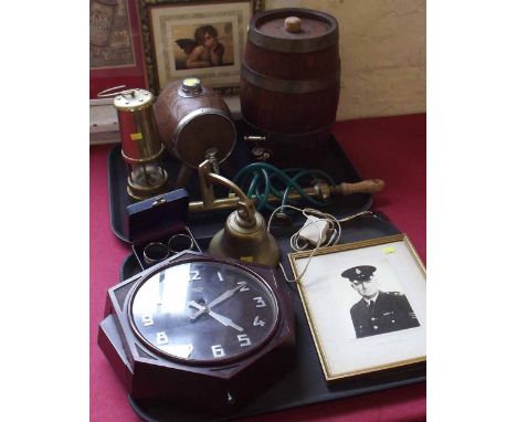 Smith Bakalite electric Art Deco wall clock, two oak barrels, Cymru miners lamp, pair of Prince Charles napkin rings, brass r