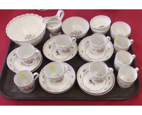 Newhall part composed tea service, comprising of cream jug, two slop bowls, nine coffee cups, four teabowls, and ten saucers,