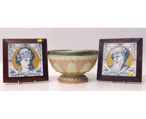 Locke and Co. Worcester bowl and a pair of classical portrait tiles. Condition report: see terms and conditions