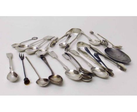 Pair of Geo.III silver sugar tongs and other silver and metal flatware, 10oz 10dwt weighable Condition report: see terms and 