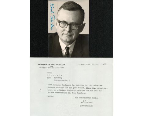 Politics Dr Karl Schiller signed 6x4 black and white photo complete with accompanying typed letter from secretary dated 24. A