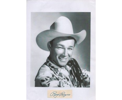 Roy Rogers signed 3x1 album page cutting affixed to A4 black and white photo print. Good condition Est.