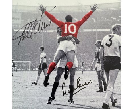 Geoff Hurst and Martin Peters Signed 20x12 Colourised Print Showing Peters Celebrating With Hurst After Beating West Germany 