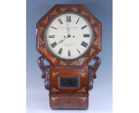 John H Shepheard of Hanley - a Victorian rosewood and mother of pearl inlaid droptrunk wall clock, having a signed circular w