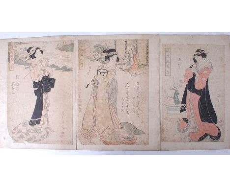 Kikugawa Eizan (1787-1867) – Three Bijin-ga; A bijin with kitten and bonsai, publisher marks for Oyama Hangorō and Yamatoya K