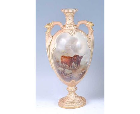 A Royal Worcester blush ivory vase, decorated to the obverse with Highland Cattle in a landscape, with a further landscape to