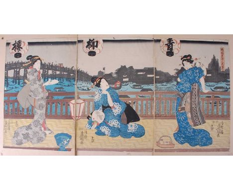Utagawa Kunisada (Toyokuni III) (1786-1865) – triptych Ryôgokubashi yûsuzumi mno kôkei (Summer Breeze at Ryôgoku Bridge), pub